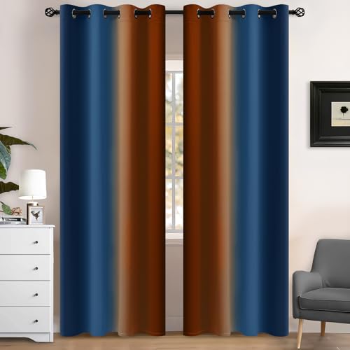 Dark Blue Burnt Orange Ombre Curtains 52x84Inch 2 (52"W x 84"L (Pack of 2) / Dark Blue and Burnt Orange)