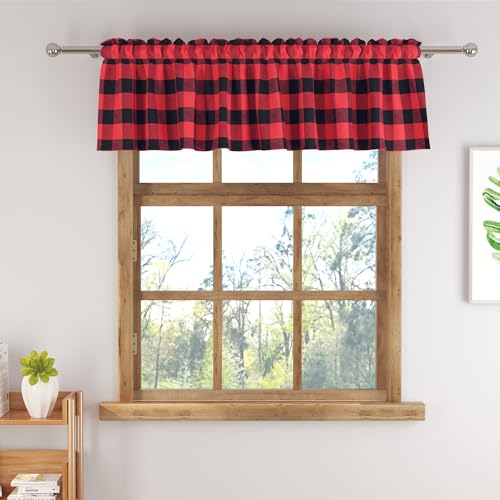 Short Curtains For Windows Treatment Buffalo Check Plaid Christmas Valances Gingham 1 Panel Tiers Rod Pocket Red and Black Decor Small Curtains Over Sink For Kitchen (54"W x 16"L (Pack of 1) / Red and Black)