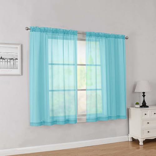 Aqua Short Sheer Curtains 45 Inch Length 2 Panels for Bedroom (Aqua / 42"W x 45"L (Pack of 2))