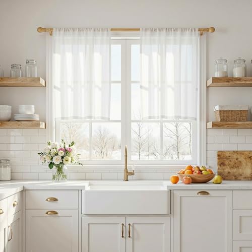 Semi Sheer White Curtains 36 Inches Long for Kitchen 2 Panels (34"W x 36"L (Pack of 2) / Pure White)
