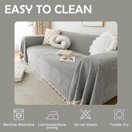 Couch Slipcovers for Sofas Dark Grey Couch Cover Sofa Cover for Dogs Boho Pet Couch Protector with Tassel Sectional Throw Cover Chenille Herringbone Couch Cover for 3 Seat Sofa (91" x 150" / Tassel Ball: Dark Grey)