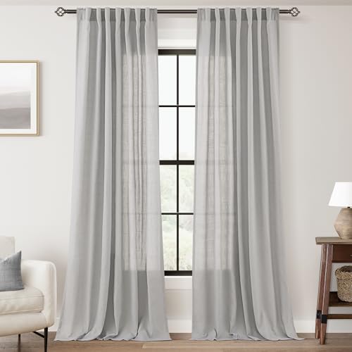 Linen Blend Grey Curtains for Living Room Back Tab Modern Farmhouse Semi Sheer Light Gray Curtains 108 inches Long 2 Panels Set Muted Neutral Cotton Texture Window Curtain for Dining Room Bedroom (Grey / 52"W x 108"L (Pack of 2))
