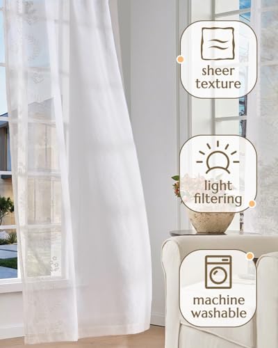 Floral Sheer Curtains (S | White / 50"W x 63"L (Pack of 2))