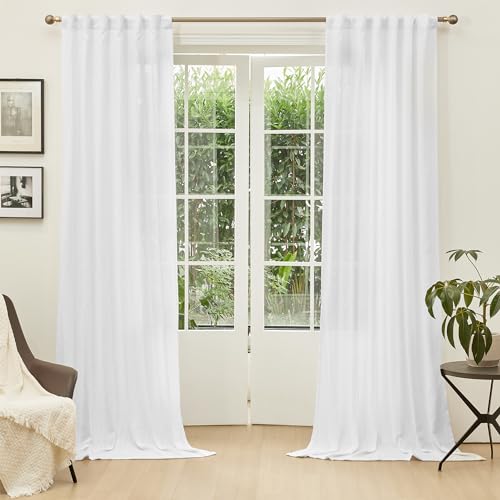 Floor to Ceiling Curtains 108 Inches White Sheer Window Drapes 2 Panel Sets Back Tab Draperies Linen Look Boho Fabric (50"W x 108"L (Pack of 2) / White)