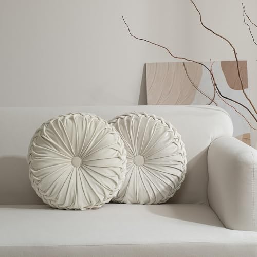 Set of 2 Beige Velvet Decorative Round Pleated Throw Pillows (Beige)