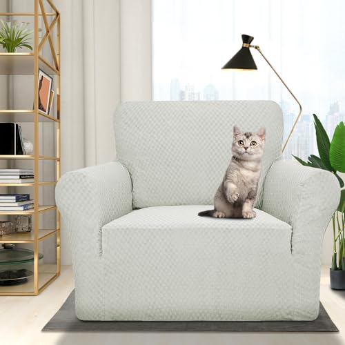 1 Piece Jacquard Chair Slipcovers for Living Room High Stretch Chair Covers with Arms Anti Slip Pets Friendly Couch Sofa Armchair Cover Furniture Protector (Small (31"-46") / Ivory)