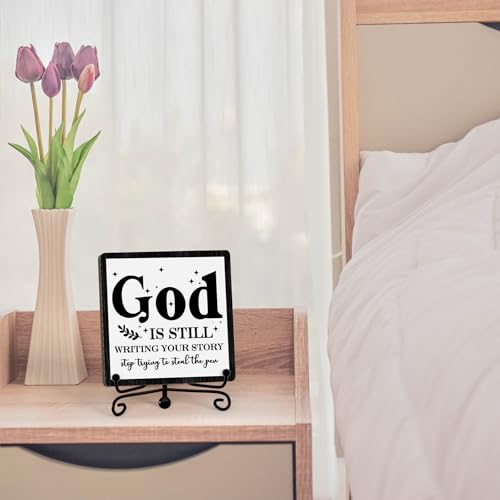 Home Decor Farmhouse Shelf Decor For Living Room (God Is Still(Black-04) / Wooden Sign with Iron Stand)