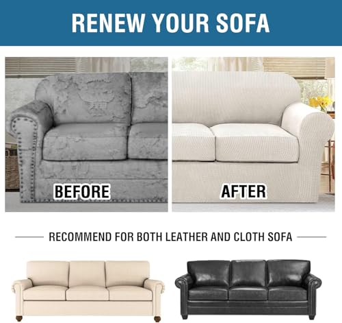 4 Piece Stretch Sofa Covers for 3 Cushion Couch Covers for Living Room Furniture Slipcovers (Large Plus / Ivory)