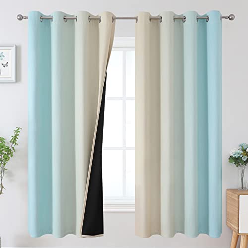 Aqua and Beige Ombre Blackout Curtains for Bedroom 63 Inch (Beige and Aqua / 52"W x 63"L (Pack of 2))