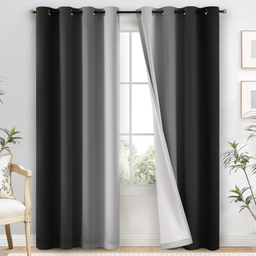 100% Blackout Curtains Ombre Black Curtains for Bedroom 84 Inch (52"W x 84"L (Pack of 2) / Black 2 Layers)