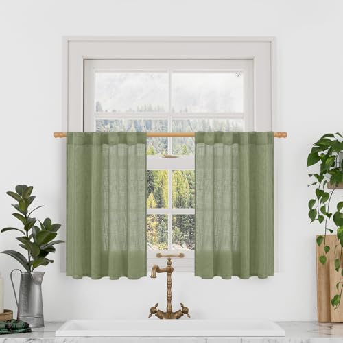 Semi Sheer Linen Curtains 36 Inch Length for Cafe Small Window (Sage Green / 25"W x 36"L (Pack of 2))