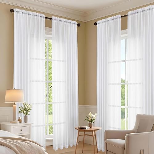 White Sheer Curtains 63 Inches Long 2 Panels Set (White / 59"W x 63"L (Pack of 2))