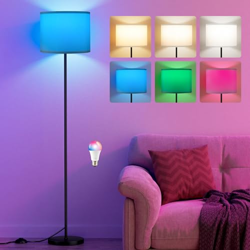 Floor Lamp for Living Room with Smart Light Bulb (White Shade Black Pole RGB / 60 Inches (With Bulb))