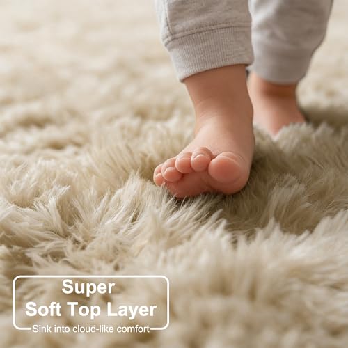 Beige Boho Round Circle Fluffy Area Rug 4Ft for Bedroom Nursery (Beige / 4' (Round))