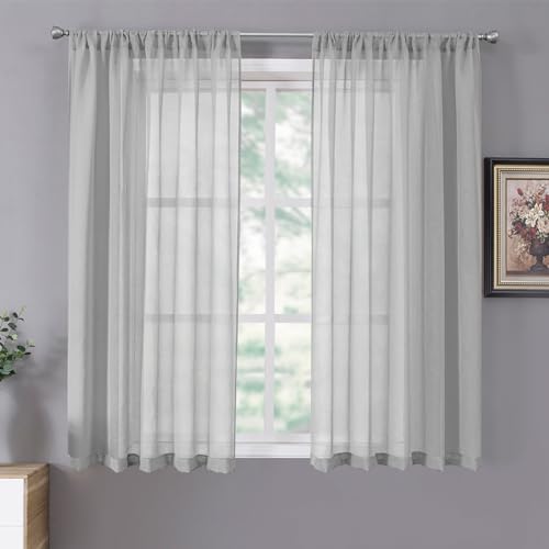 Short Sheer Curtains Linen Textured Living Room Curtain Sheers Light Filtering Rod Pocket Voile Curtains for Bedroom (42"W x 45"L (Pack of 2) / Silver Grey)