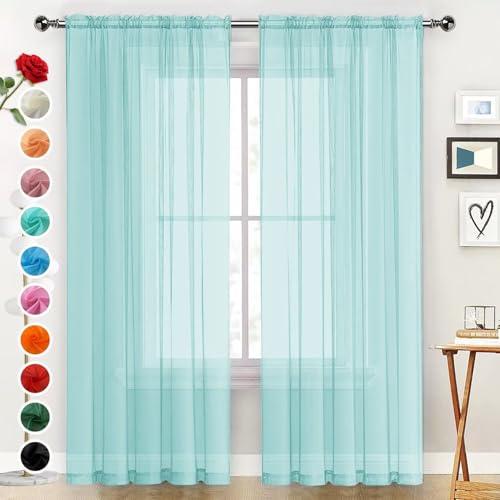 Basic Rod Pocket Sheer Voile Window Curtain Panels Sky Blue 1 Pair 2 Panels 52 Width 108 Inch Long for Kitchen Bedroom Children Living Room Yard（Sky Blue (Sky Blue / 52"W x 108"L (Pack of 2))