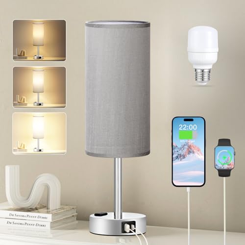 Grey Bedside Lamp for Bedroom (Grey - Silver / 14")