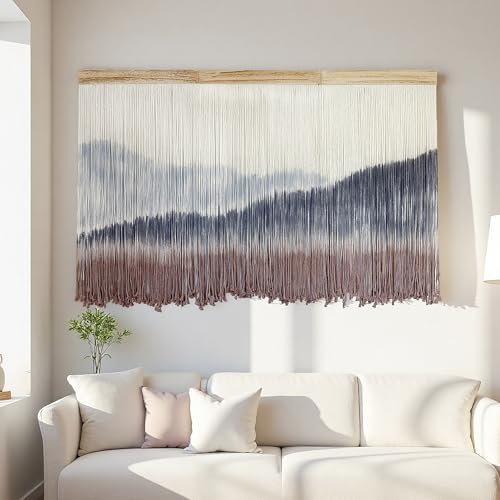 Large Dip Dye Macrame Wall Hanging Tapestry 59"x38" Boho Decor (Blue Gray and Coffee)