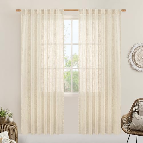 Beige Faux Linen Curtains for Doorway Living Room 2 Panels Set (Beige / 52"W x 80"L (Pack of 2))