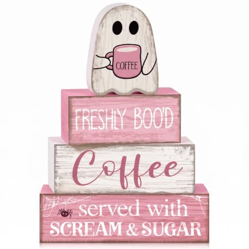4 Pcs Pink Halloween Table Decorations Coffee Ghost Wooden Blocks (Cute Coffee Ghost)