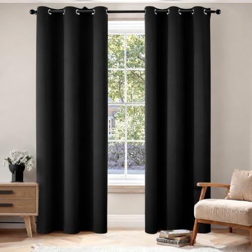 Black Blackout Bedroom Curtains 90 Inch Long Light Blocking (Black / 42"W x 90"L (Pack of 2))