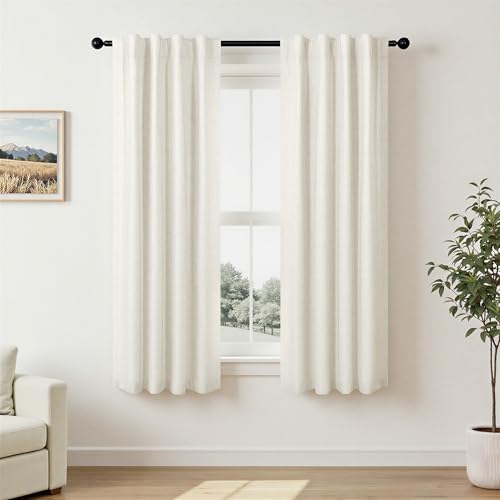 100% Blackout Cream Ivory Linen Curtains 48 Inches Long Linen Textured Living Room Kitchen Curtains Full Room Darkening Black Out Short Curtain for Bedroom Window 2 Panels 36 x 48 Inch Length (Natural / 36"W x 48"L (Pack of 2))