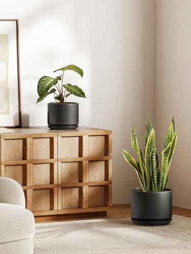 10 + 12 Inch Ceramic Plant Pots (Black / 10"+12")