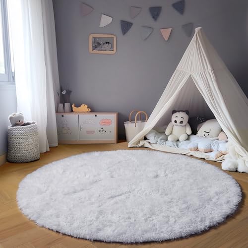 White Round Rugs 6ft for Living Room Bedroom (White / 6' (Round))