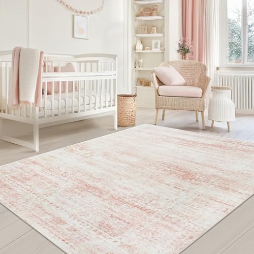 Pink Washable Rugs 5x7 Area Rugs for Living Room (5' x 7' (Rectangular) / Pink-white)