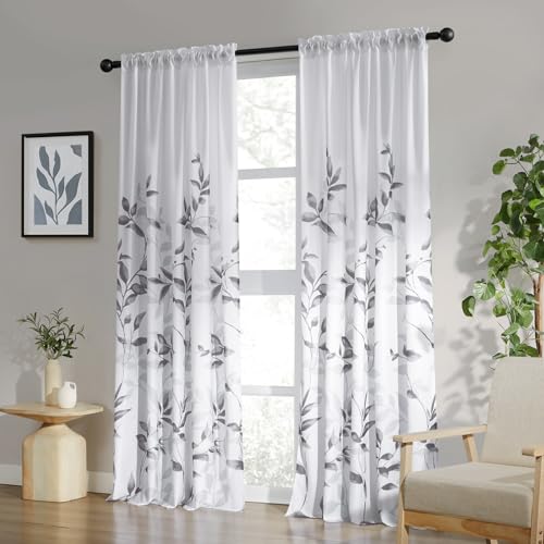 Light Grey and White Privacy Sheer Curtains (Leaves-light Grey / 52"W x 96"L (Pack of 2))