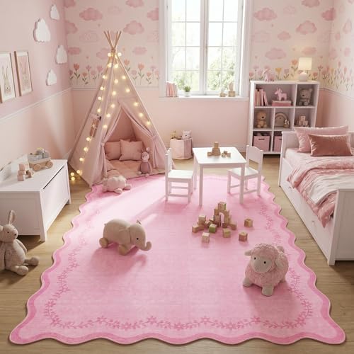 Scalloped Area Rugs 8x10 Large Pink Washable Living Room Rug (Pink / 8' x 10' (Rectangular))