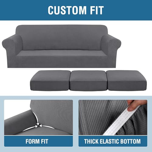 4 Piece Stretch Sofa Covers for 3 Cushion Couch Covers for Living Room Furniture Slipcovers (Large Plus / Grey)