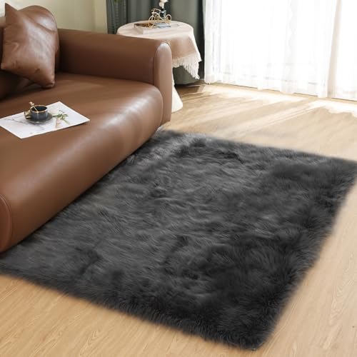 Dark Grey Fur 3x5 Area Shaggy Bedside Faux Sheepskin Rug for Bedroom Washable Furry Rugs Fuzzy Rug for Living Room Sofa Cushion Luxury Home Decor (3' x 5' (Rectangular) / Dark Grey)