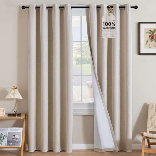 Linen Polyester Curtains 100%Blackout Curtains for Bedroom 96"Long Full Light Blocking Nature Linen (Heathered Natural / 52"W x 96"L (Pack of 2))