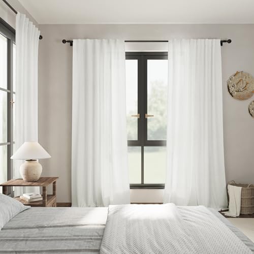 Extra Long Ivory Curtains 132 Inch Length 2 Panels Set Back Tab Neutral Farmhouse Drapes Light Filtering Semi Sheer Linen Curtain 132 Inches Long for Floor to Ceiling Window Patio Sliding Door (52"W x 132"L (Pack of 2) / Ivory)