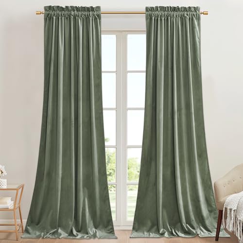 Soft Velvet Sage Green Curtains 96 inches Long Rod Pocket (Green Series - Sage Green / 42"W x 96"L (Pack of 2))