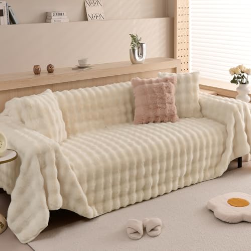 Shaggy Couch Cover for Dogs Rabbit Plush Loveseat Cover Dog Couch Cover Protector Plush Faux Fur Couch Covers for Sectional Sofa Cozy Washable Sofa Covers for Living Room (71" x 118" / Z-plush:beige)