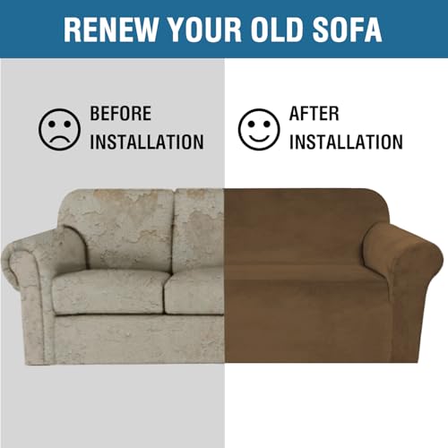 Stretch Velvet Sofa Covers for 3 Cushion Couch Covers Furniture Protector Soft with Non Slip Elastic Bottom (Bronze Brown / Sofa)