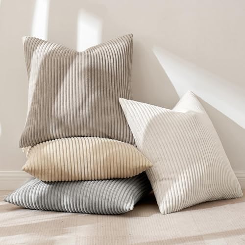 Soft Corduroy Decorative Throw Pillow Covers Neutral Tan 18x18 (18" x 18" (Pack of 4) / Neutral Tan)