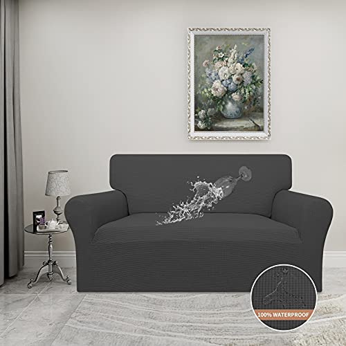 100% Waterproof Loveseat Couch Cover Stretch Jacquard Sofa Cover (Dark Gray / Loveseat)