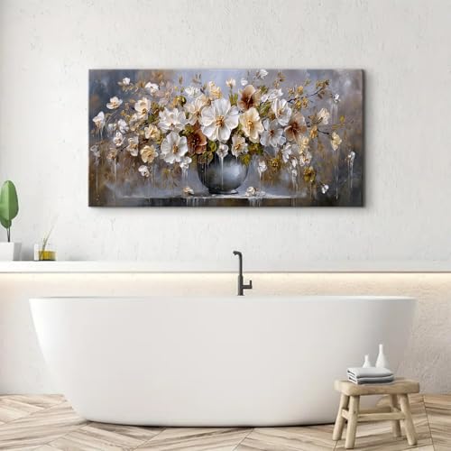 Flower Wall Art Vintage Floral Canvas Prints for Living Room Rustic Farmhouse Still Life Pictures Botanical Flowers Paintings Poster Modern Neutral Artwork for Bathroom Kitchen Decoration 24x48" (48"L x 24"W / White Flower)