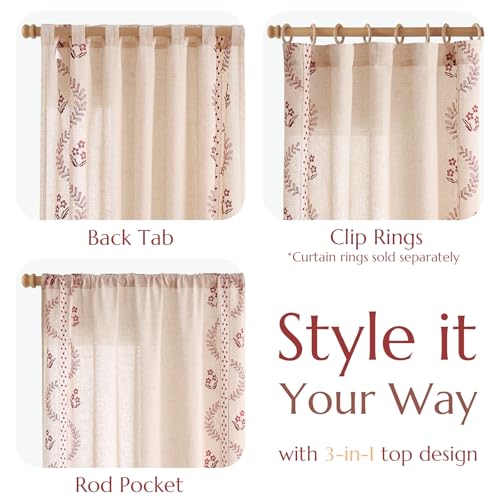 Floral Linen Curtains 96 Inch Farmhouse Back Tab 2 Panels (Red / 50"W x 96"L (Pack of 2))