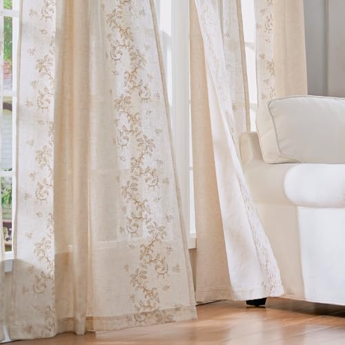 Floral Linen Curtains 96 Inch Farmhouse Back Tab 2 Panels (Vine | Beige / 50"W x 96"L (Pack of 2))