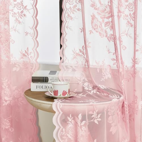 Light Pink Lace Sheer Curtains Romantic Flower Curtains 96 Inches Long 2 Panels for Living Room Bedroom Cute Decor Rod Pocket Light Filtering Lace Window Curtain for Kids Girls Nursery Room (52"W x 96"L (Pack of 2) / Light Pink)