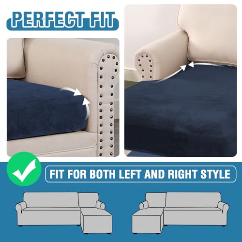 Velvet Stretch Sectional Couch Covers 3 Pieces Sofa Seat Cushion Covers L Shape Separate Cushion Couch Chaise Cover for Both Left (Navy / 2 Seater + Chaise)