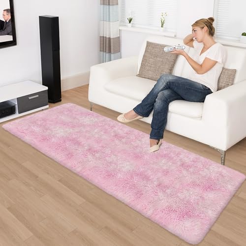 Super Soft Fluffy Living Room Area Rug 2x6 ft Tie (Tie-dyed Pink / 2' x 6' (Runner))