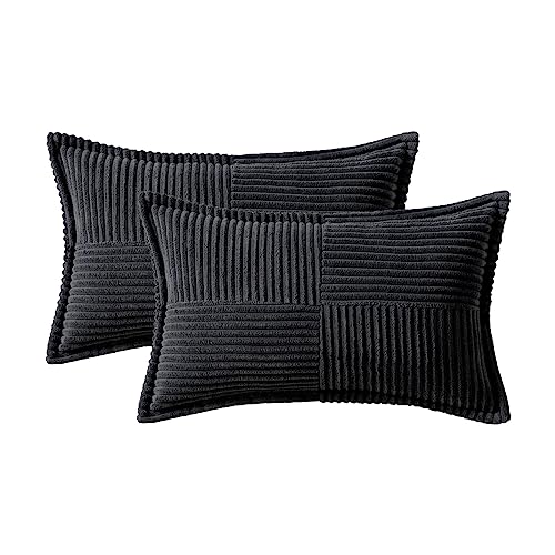 Decorative Lumbar Throw Pillow Covers 12x20 Inch Black 2 Pack (Black / 20" x 12" (Pack of 2))