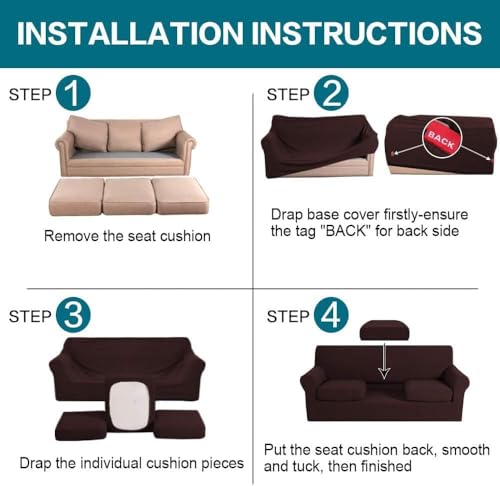 4 Piece Sofa Covers for 3 Cushion Couch Sofa Slipcover Soft Couch Cover for Dogs Washable Furniture Cover with 3 Individual Large Cushion Covers Feature Fabric (L Sofa (3 Cushion) / Brown)