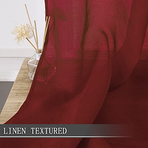 Sheer Curtains Linen Textured Bedroom Curtain Sheers Light Filtering Rod Pocket Voile Curtains for Living Room (54"W x 63"L (Pack of 2) / Burgundy Red)