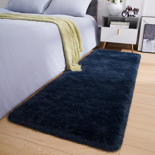 Shag Fluffy Runner Rug for Bedroom Girls Living Room (2' x 6' (Runner) / Navy Blue)